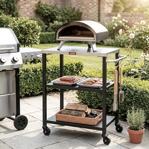 Feasto 3-Tier Outdoor Grill Cart, 26.6" x 16.1" Rolling Pizza Oven Table | Compact Stainless Top for Pizza Ovens & Griddles, Outdoor Bar Cart with S-Hooks for Patio Parties, Deck Dining & Camping - size: Compact
