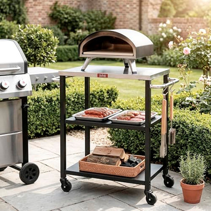 Feasto 3-Tier Outdoor Grill Cart, 26.6" x 16.1" Rolling Pizza Oven Table | Compact Stainless Top for Pizza Ovens & Griddles, Outdoor Bar Cart with S-Hooks for Patio Parties, Deck Dining & Camping - size: Compact