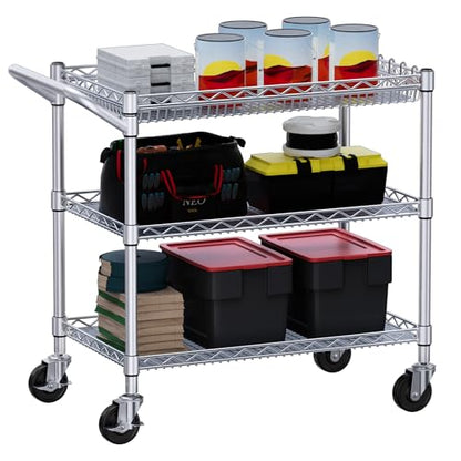 WDT 990Lbs Capacity Heavy Duty Rolling Utility Cart, NSF Rolling Carts with Wheels,Commercial Grade Metal Cart with Handle Bar & Shelf Liner,Trolley Serving Cart for Kitchen,Restaurant,Silver - color: Silver 3 Tier