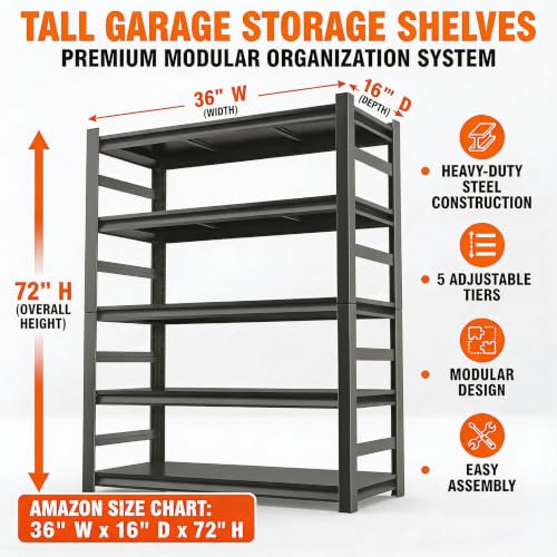 Garage Shelving, Heavy Duty Storage Shelves, Adjustable Boltless Units | Metal Shelving with Double Layer Posts, Industrial Steel Shelving for Garage Basement Warehouse Kitchen, Black, 72H*36W*16D - size: 16D*72H*36W Upgrade Steel