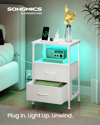 SONGMICS BELLAH Collection - Nightstand with Charging Station and App-Controlled Adjustable LED Lights, Bed Side Table, 2 Drawers and 1 Open Shelf, Modern, Cloud White and Snow White ULGS302WH01S - color: Cloud White + Snow White, size: 2 Drawers