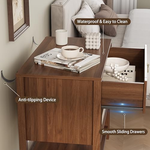 Xixini Rattan Nightstand with 2 Drawers and Open Shelf, 27" Wide Boho Bedside Table with Brass Knobs, Mid-Century Modern Wooden End Table for Bedroom, Walnut - color: Walnut