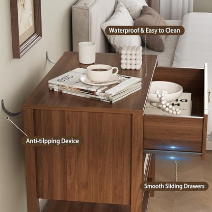 Xixini Rattan Nightstand with 2 Drawers and Open Shelf, 27" Wide Boho Bedside Table with Brass Knobs, Mid-Century Modern Wooden End Table for Bedroom, Walnut - color: Walnut