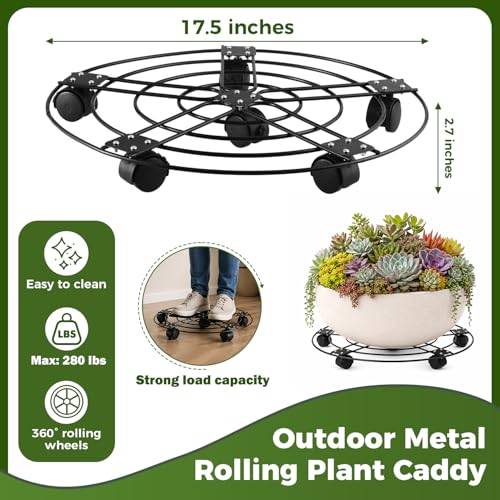 2 Packs 17.5" Extra-large Metal Plant Caddy with 6 Wheels Iron Rolling Plant Stands Heavy-duty Plant Roller Base Pot Movers Indoor Outdoor Wheeled Plant Dolly with Casters Planter Coaster Trolley - size: 17.5"