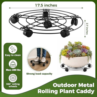 2 Packs 17.5" Extra-large Metal Plant Caddy with 6 Wheels Iron Rolling Plant Stands Heavy-duty Plant Roller Base Pot Movers Indoor Outdoor Wheeled Plant Dolly with Casters Planter Coaster Trolley - size: 17.5"