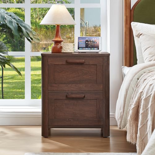 Joaxswe Farmhouse Night Stand with Charging Station, End Tables Bedroom with 2 Large Drawers & 4 Thickened Table Legs, Walnut - color: Walnut, size: 16"D x 19.7"W x 23.6"H (2 Drawers)