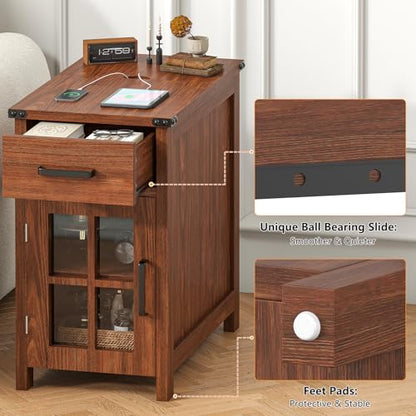 VVFLU Farmhouse End Table with Charging Station and 1 Storage Cabinet, 1 Drawer, Cherry Wood Nightstand Narrow, Skinny Side Table, Slim Bedside Table, Small Nightstand for Bedroom, Living Room, Sofa - color: Cherry/Glass