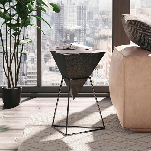 COZAYH Geometric End Table, Modern Side Table with Wooden Top and Metal Base Design, Unique Pyramid Plant Stand for Home and Living Room, Black - color: Black