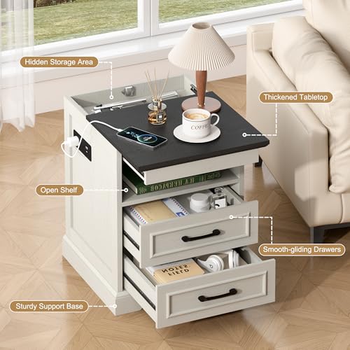 18" Farmhouse Nightstand with Charging Station, Antique White | End Table with 3 Drawers Storage, Side Table, Bedside Cabinet for LivingRoom Bedroom Office - color: Antique White