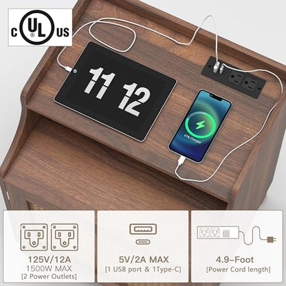 Night Stand Farmhouse Nightstand with Charging Station Bedside Table with Rattan Door&Adjustable Shelf, Wood Couch Side Table End Table for Bedroom, Walnut, 1 Pack - color: Walnut