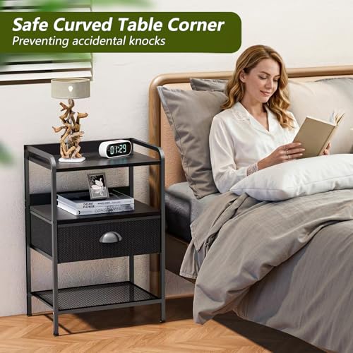 Nightstands Set of 2, Bedside Table with 1 Fabric Drawer, Open Mesh Shelf, End Table Side Table with Storage Drawer Dresser, Wear-Resistant Metal Frame, Bedroom, Black - color: Black(1drawer), size: Set of 2