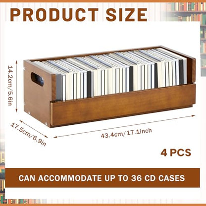 CroBlissful 4 Set Wooden CD Storage Box,Holds 144 CDs(36 Each),Stackable CD Holder Organizer with Magnetic Front Flap and Carrying Handles for DVDs, Cassette Tapes and Movie Cases (Brown) - color: Brown
