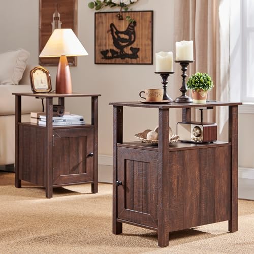 IFGET Farmhouse Nightstand Set of 2, End Table with Charging Station, Rustic Side Table w/Barn Door & Open Shelves, Bedside Table w/Storage Space and Storage Cabinet for Bedroom, Living Room (Brown) - color: Brown