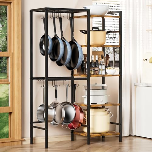 5-Tier Pot and Pan Organizer Rack with Hooks, Heavy-Duty Kitchen Storage Shelf for Cookware, Dishes, and Utensils, Freestanding Metal Pot Rack Organizer for Kitchen, Pantry, or Dining Room - size: Tall one