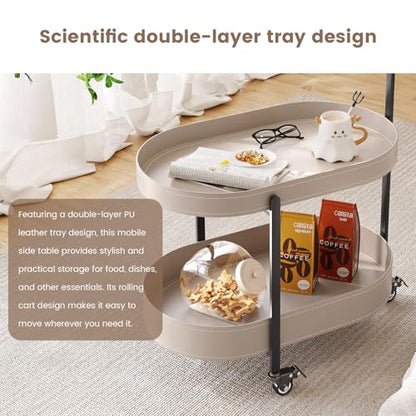 Guyii 2 Tiers Storage Rolling Cart 360 Rotating Side Table Modern End Table Living Room Table with Wheels Easy to Move for Living Room Bedroom Kichen Bathroom Pu Leather - color: Beige