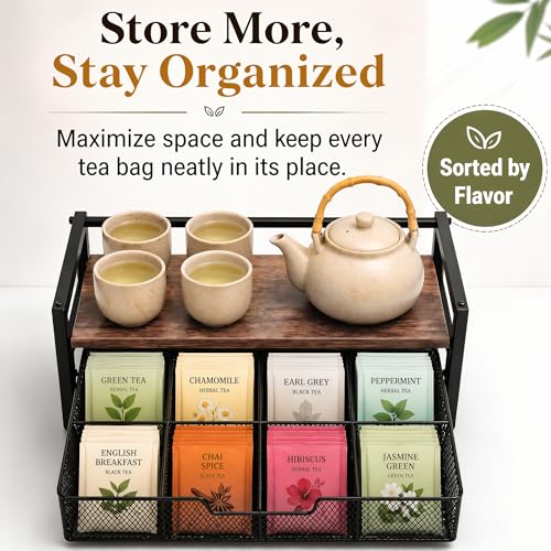 8-Drawer Tea & K-Cup Storage Organizer for Countertop | 8 large drawers，Iron & wood, fits tea bags & K-Cups, dust-proof，space-saving，for countertop or drawer，easy-clean