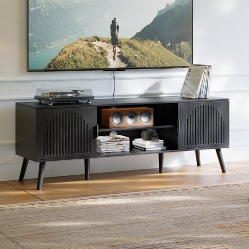 ChooChoo TV Stand for Living Room, Mid Century Modern TV Stand for 55/60 Inch TVs, Entertainment Center with Storage Cabinet and Open Shelves, TV Console Table Media Cabinet for Bedroom, Black - color: Black, size: 15.7"D x 53.9"W x 19.4"H