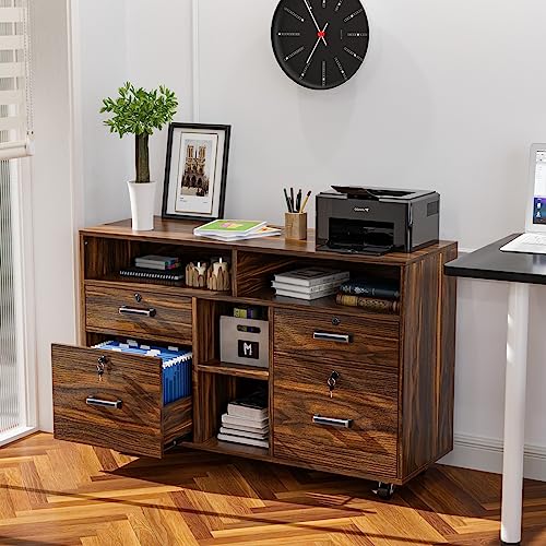 VINGLI Dark Brown Wood Lateral File Cabinet with Lock, 4 Drawer & 4 Open Shelves, Rolling File Cabinet for Home Office, Letter Sized - color: Dark Brown