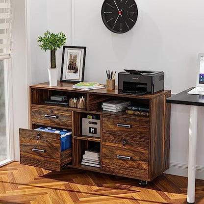 VINGLI Dark Brown Wood Lateral File Cabinet with Lock, 4 Drawer & 4 Open Shelves, Rolling File Cabinet for Home Office, Letter Sized - color: Dark Brown