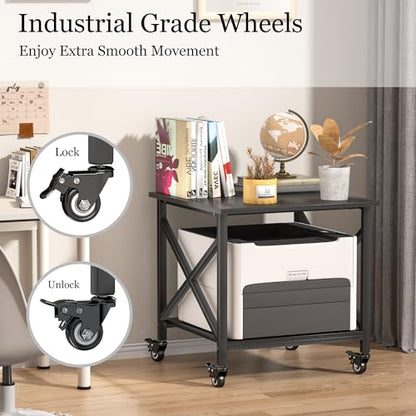 Printer Stand, 23.6 x 23.6 Inches Large Printer Stand with Storage Shelf, 2 Tier Printer Table for Home Office, Rolling Printer Cart with Industrial Wheels, Mini Fridge Stand Table, Black - color: Black