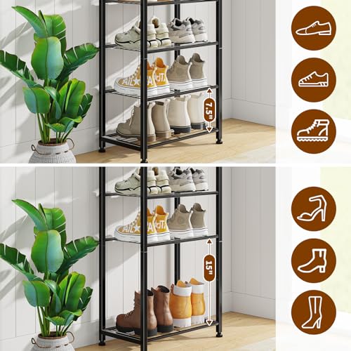 Simple Trending 8 Tiers Shoe Rack 16 Pairs Tall Wooden Plank Shoe Shelf with Hooks for Closet Entryway Organizer Sturdy Free Standing Shoe Storage Cabinet，Black - size: 8 Tiers