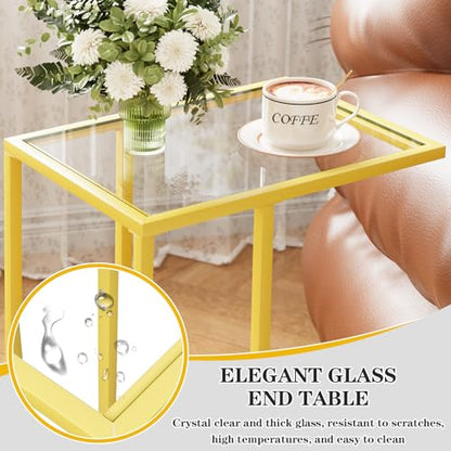 C Table Side End Table, Small C Shaped Table for Sofa,Glass Couch Sofa Tray Snack Table for Living Room, Bedroom,TV Tray Table for Small Space,Accent Coffee Table,Nightstand with Metal Frame(Yellow) - color: Yellow