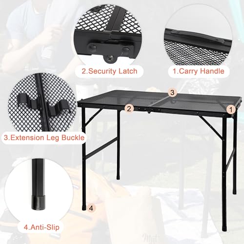 GREGIN Camping Table with Mesh Desktop, Lightweight & Portable Folding Grill Table, Height Adjustable Metal Outdoor Table for Camp, Cooking, BBQ, RV, Picnic-4 FT Black - size: L: 47.24"L x 23.62"W x 16.5"H/26"H