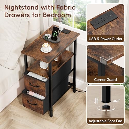 Vagusicc Set of 2 Nightstand with Charging Station and LED Lights, Narrow Side Table, LED Night Stand with 2 Fabric Drawers, Bedside Table Small End Table, Tall Nightstand for Bedroom, Rustic Brown - color: Rustic Brown, size: 2, style: With LEDs