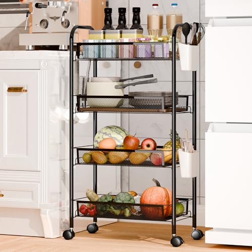 5 Tier Stackable Fruit Vegetable Storage Basket, Metal Mesh Produce Organizer Cart with 360 Degree Swivel Wheels, Rolling Snack Storage Rack, Carbon Steel Pantry Organizer Shelf (Black 4-Layers) - color: Black 4-layers