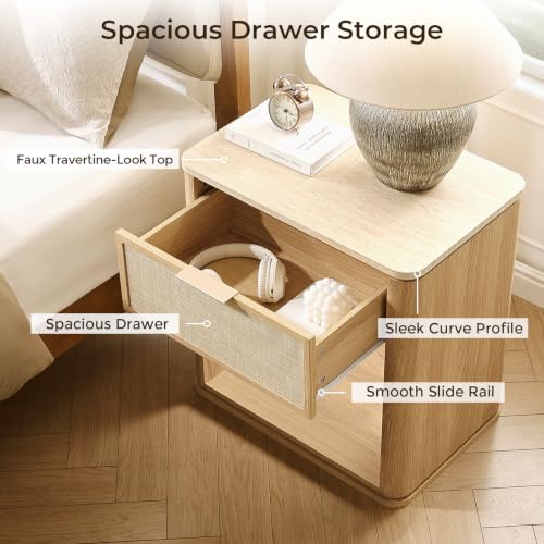 Night Stand, 23.11" W Rattan Nightstand with 1 Drawer and Open Shelf, Faux Marble Top Bedside Table, Boho Mid Century End Table for Bedroom Living Room Sofa Office, Natural Oak [FSC Certified] - color: Natural Oak, size: 15.63"D x 23.11"W x 23.94"H（1 Draw