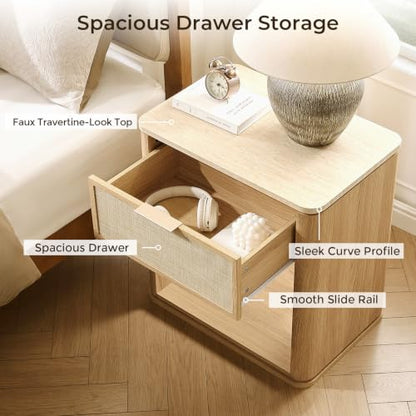 Night Stand, 23.11" W Rattan Nightstand with 1 Drawer and Open Shelf, Faux Marble Top Bedside Table, Boho Mid Century End Table for Bedroom Living Room Sofa Office, Natural Oak [FSC Certified] - color: Natural Oak, size: 15.63"D x 23.11"W x 23.94"H（1 Draw