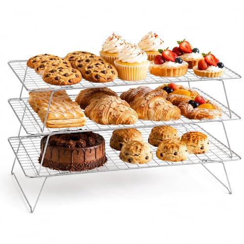 Cooling Rack 16"x10", 3-Tier Stackable & Collapsible Cooling Racks | Cooling Racks for Cooking and Baking, Roasting, Grilling, Oven & Dishwasher Safe (Silver, 3-Tier) - color: Silver, size: 3-Tier