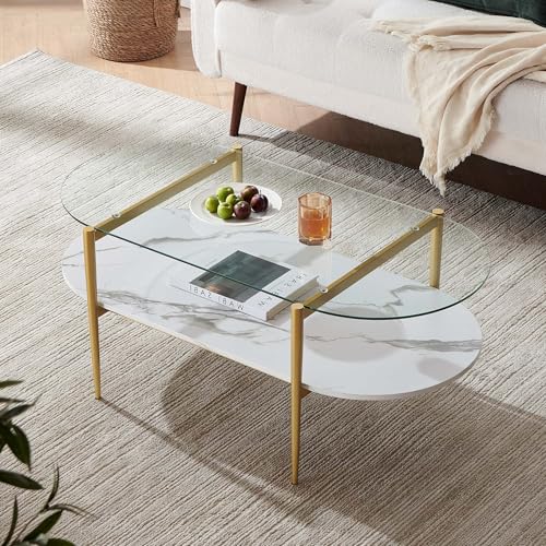 LumFurn Oval Coffee Table, Mid-Century Modern Design, L41 x W21 x H17 inch, for Living Room, Clear Glass Top, White Marble Finish Wood Shelf & Gold Finish Frame - color: Clear & White Marble, size: L41" Oval Coffee Table