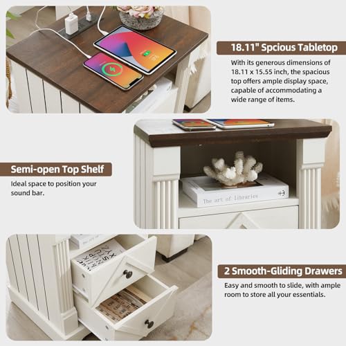 Minifeel Farmhouse Night Stand with Charging Station, 18" Wide 2 Drawer Bedside Table, Barn Door Nightstand with Open Storage Shelf, Sofa Side End Tables with Roman Column for Bedroom, Antique White - color: Antique White
