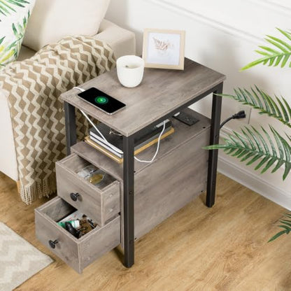 HOOBRO Set of 2 End Tables with Charging Station, Narrow Side Table with Drawers & USB Port & Power Outlets, Nightstand for Small Spaces, Living Room, Stable, Greige and Black BG541BZP201 - color: Greige + Black