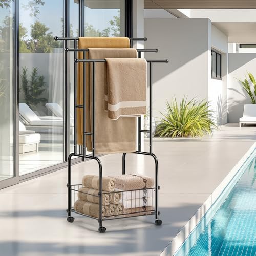 HAITRAL 42" H Standing Towel Rack, 3 Tiers Towel Holder with Basket, Bathroom Freestanding Towel Rack with 360° Anti-Skid Wheels, Multi-Use for Towel, Blanket, Clothes, Indoor/Outdoor (Black)