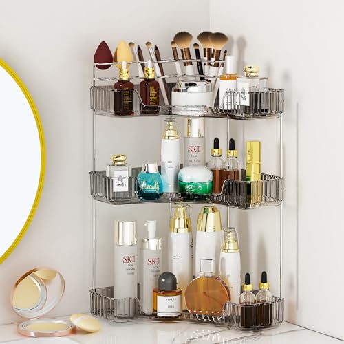 SUNZOS Modern 3-Tier Bathroom Organizer, Corner Makeup Storage with Brush Holder, Acrylic Vanity Organizer, Large Capacity Countertop Organizer for Kitchen, Dresser, Gray - color: Gray, size: 3 Tier