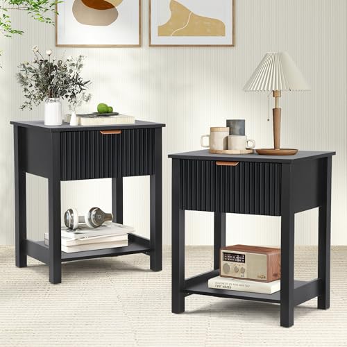 Modern Night Stand Set 2 with Drawer, Black Nightstand for Bedroom, Small End Table with Storage, Living Room/Bed Side Table with Drawer for Small Spaces, Fluted Nightstand Set of 2 - size: 2