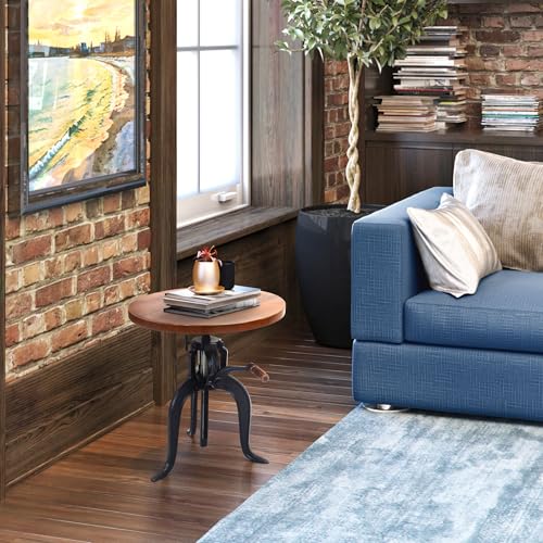 Carolina Chair & Table Adjustable Hand Crank 18" Wooden Top Rustic Side Table - Cast Iron Base Round Accent Table for Farmhouse, Living Room, or Bedroom (Chestnut/Black) - color: Chestnut/Black