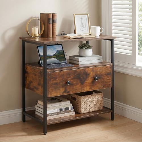 Edbuosy 27 Inch Wide Night Stand with Charging Station, Wood Nightstand with Open Shelf, Large Drawer Bedside Table for Living Room/Bedroom/Office, Retro Brown - color: Retro Brown, size: 27"W-1 Drawer