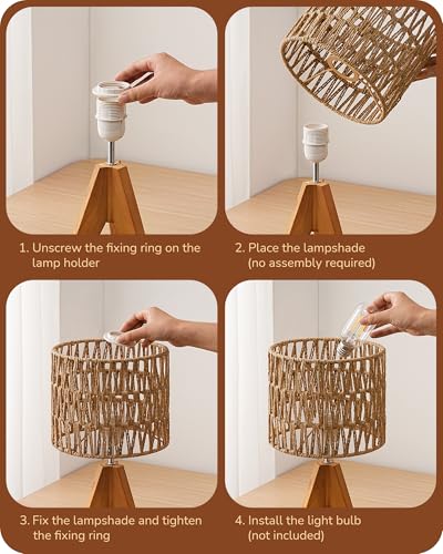 EDISHINE Small Table Lamp, Rattan Wood Tripod Bedside Lamp, Boho Nightstand Lamp for Living Room, End Table, Office, E26 Base, Natural Style - color: Rosewood Color&W-pattern Shade