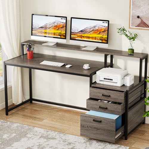 Tribesigns 63 Inch Computer Desk with File Drawer Cabinet, Ergonomic Office Desk with Monitor Stand, Industrial Computer Table with Printer Space, Wood PC Table Workstation Desk for Home Office - color: Grey