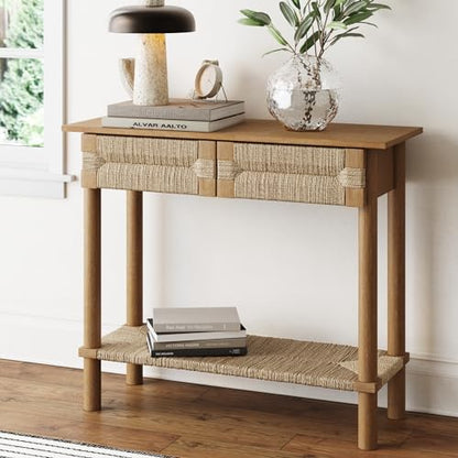 Nathan James Beacon Wooden Sofa Console Table with Drawers, Bohemian Entryway Table, Hallway Table with Seagrass Shelf, Light Brown - color: Beacon Light Brown/Seagrass, size: Set of 1