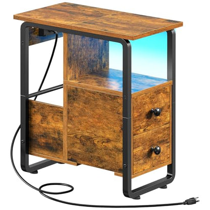 HOOBRO Narrow Nightstand with Charging Station & LED Lights, Narrow Side Table with Fabric Drawer, Open Shelves, Slim End Table for Living Room, Bedroom, Rustic Brown and Black BF430UDBZ01 - color: Rustic Brown + Black