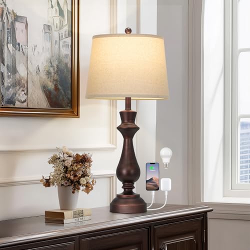 Touch Lamps for Night Stand- 29.5" Tall Bedside Lamp with USB C+A, 3 Way Dimmable Bedroom Lamps, Vintage Brown Table Lamps for Living Room,Single Brown - color: Brown-1P