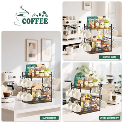 EsLuker.ly Coffee Mug Cup Holder Tree Bar Station Organizer, 2 Tier Mug Stand Rack for Countertop Kitchen, Storage Tower Display Shelf with 12 Hooks, Coffee Nook Enhancer - color: Antique Brown + Black