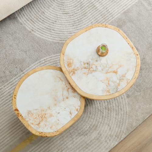 Curved Round Coffee Table Set of 2 with Sintered Stone Tabletop for Living Room, Modern Mid-Century Retro Pedestal Nesting Coffee Table, Burl Wood Veneer, Natural, 2-Pcs - color: 2-pcs-natural