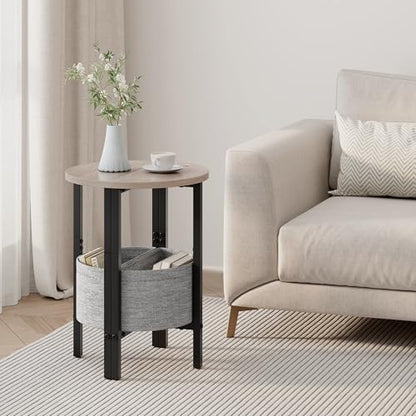 Vagusicc Small Round Side Table End Table, Tall Accent Table with Storage Basket, Set of 2 Half Round Tables Half Moon Tables, Coffee Bedside Tables, Modern Nightstand for Living Room Bedroom, Gray - color: Greige