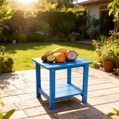 Small Leisure Line Side Table, 2-Tier Adirondack Side Table Outdoor with Open Shelf, 16 in Wooden Deck Table for Patio Porch Pool, 200 Lbs Capacity, Easy Assembly (Dark Blue) - color: Dark Blue