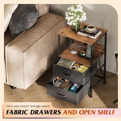 WLIVE Nightstand with Charging Station, LED Night Stand with 2 Fabric Drawers and Open Shelf, Small Dresser for Small Spaces, Side End Tables for Bedroom, Rustic Brown and Black - color: Black and Rustic Brown